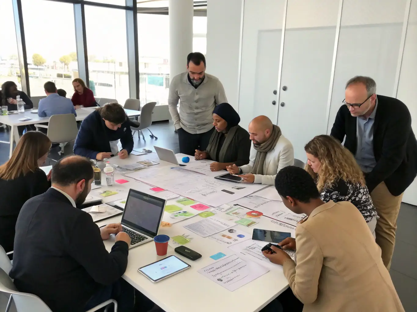 A photograph showcasing a hands-on workshop session at a business conference, with participants actively engaged in collaborative problem-solving and learning new skills.