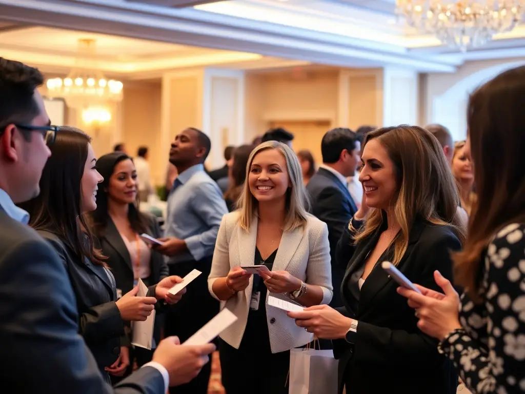A photograph capturing a vibrant networking event at a business conference, with attendees engaging in conversations, exchanging business cards, and building professional relationships.